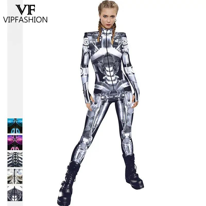 

VIP FASHION Halloween Robot Punk Skeleton Printed Cosplay Costumes Sexy Women Zentai Bodysuit Jumpsuits Carnival Fancy Dress