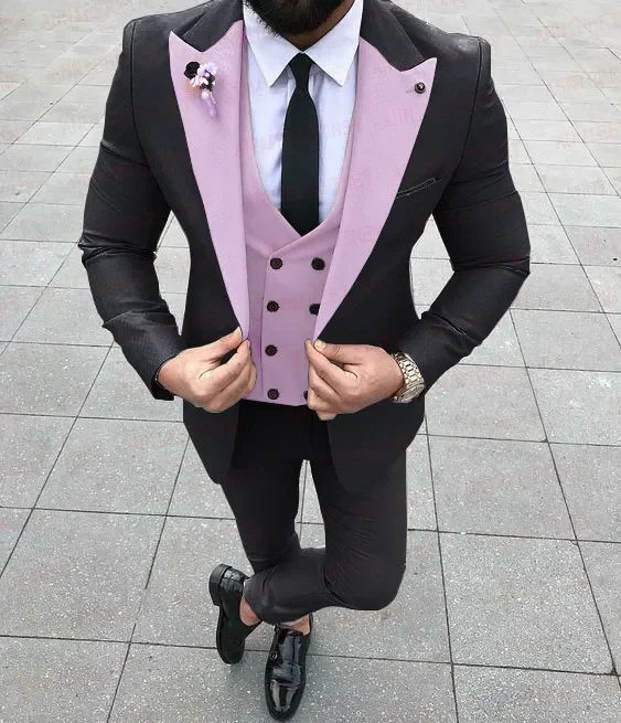 Black Sky Blue Men Suit Double Breasted Business Blazer Sets Slim Fit 3 Pieces Tuxedo Groom Wedding Suits For Men Costume Homme