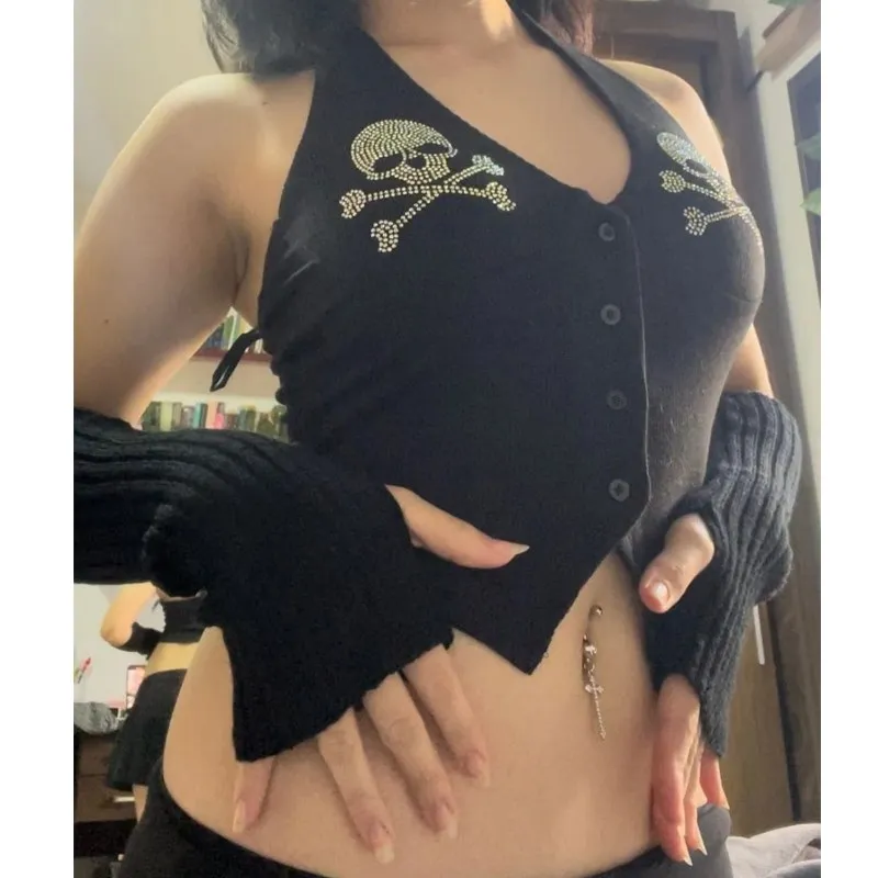 Punk strass halter neck strap sleeveless weste streetwear sexy tank top vintage Goth Ästhetischen Sommer Mode Casual Leibchen