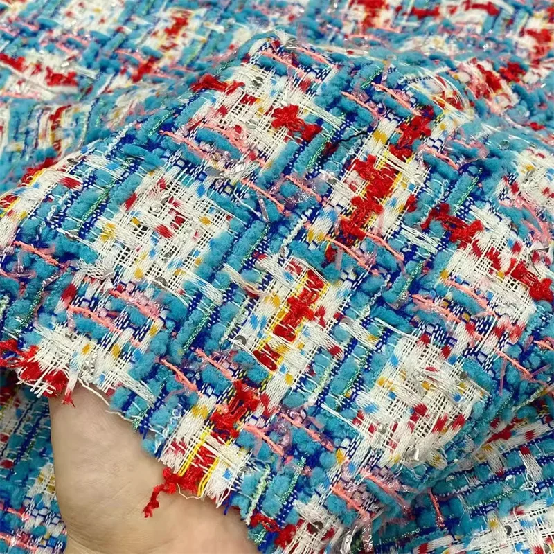Fashionable Classic Blue Checkered Woven Autumn Thin Woolen Tweed Fabric Handmade DIY Sewing Accessories Material By The Meter