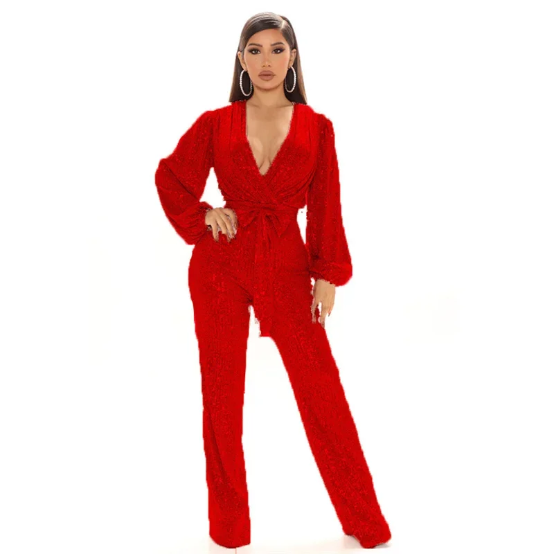 Women Glitter Sequins Splice Jumpsuit Fashion High Waist Lace-up Lantern Sleeves Deep V Neck Rompers Female Commuter Party Wear