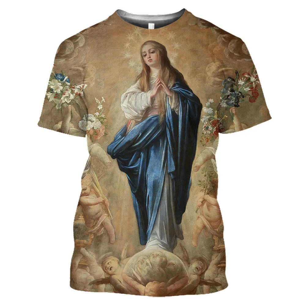 

Summer Men Clothing Tops Guadalupe Virgin Mary Catholic 3D Print T-shirt Polyester O-Neck Loose Short Sleeve Oversized T Shirt