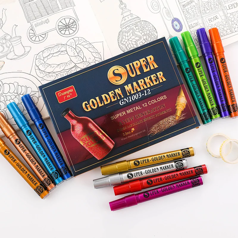 12 colors Metallic Paint Marker Pens For Ceramic Fabric Drawing