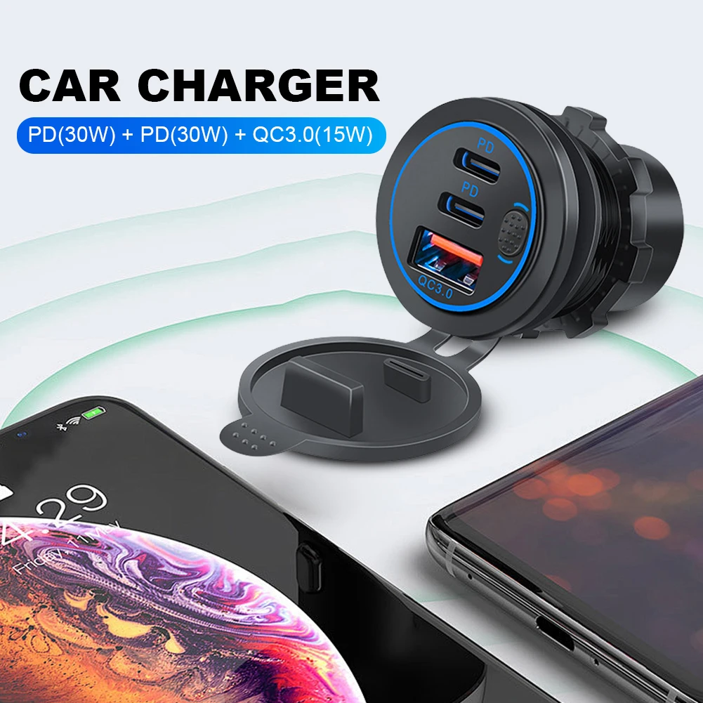 Caricatore per Auto 12V-24V con Presa 75W PD Tipo C QC 3.0, 3 Porte USB, Impermeabile, per Auto, Camper, Nautica - Image 4