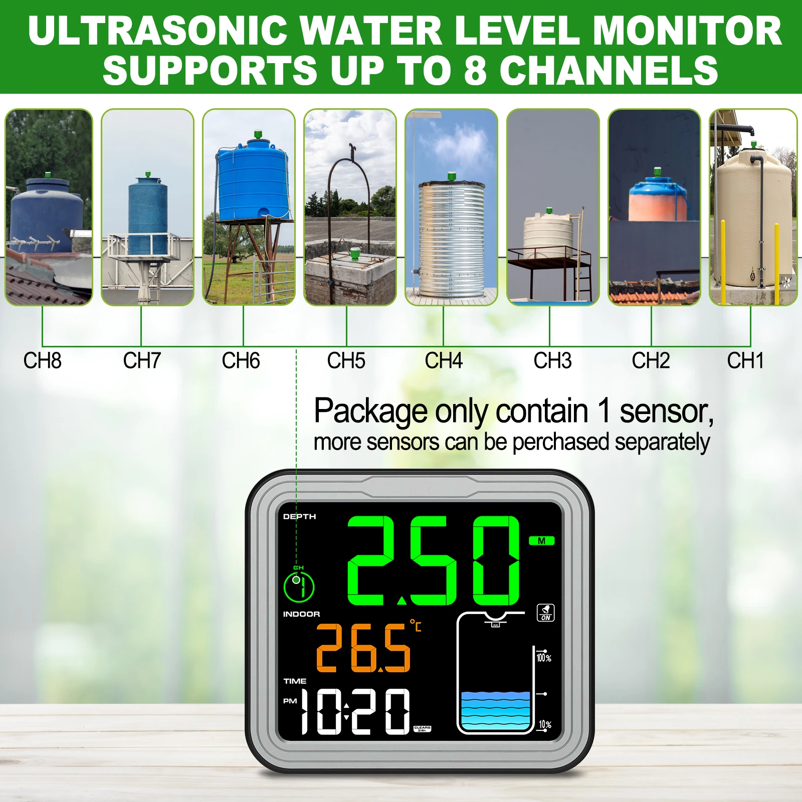 Solar Ultrasonic Water Level Sensor - Wireless Tank Level Meter with LCD Display