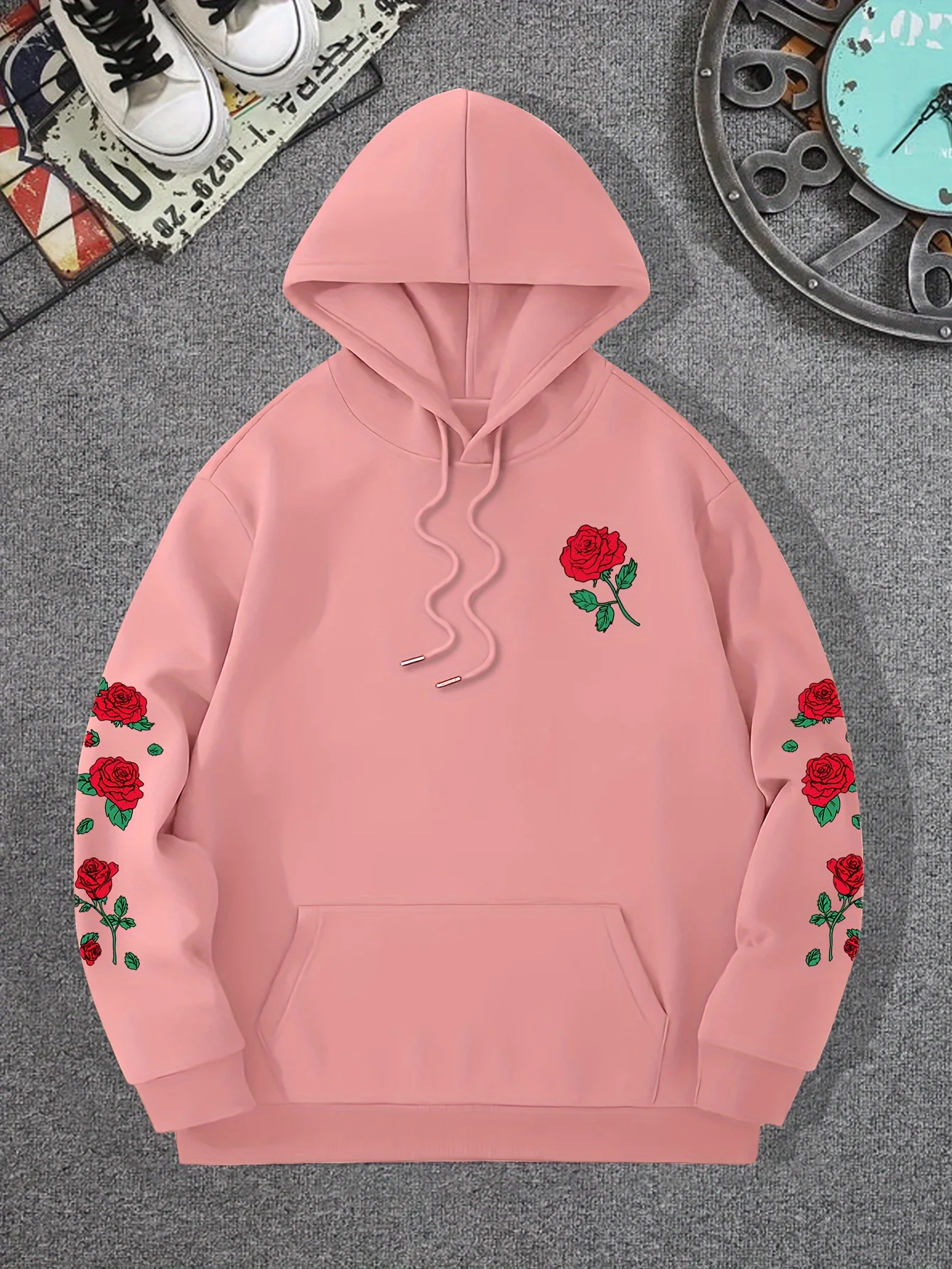 Boys Rose Print Hoodie Casual Floral Sleeve Hooded Sweatshirt Long Sleeve Streetwear Pullover Tops For Kids - 5