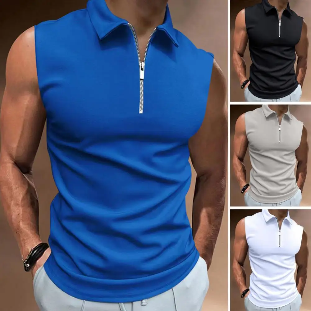 

Summer Vest Sleeveless Lapel Solid Color Zip Neckline Slim Fit Breathable Streetwear Hot Casual Clothes Men T-shirt Sports Wear