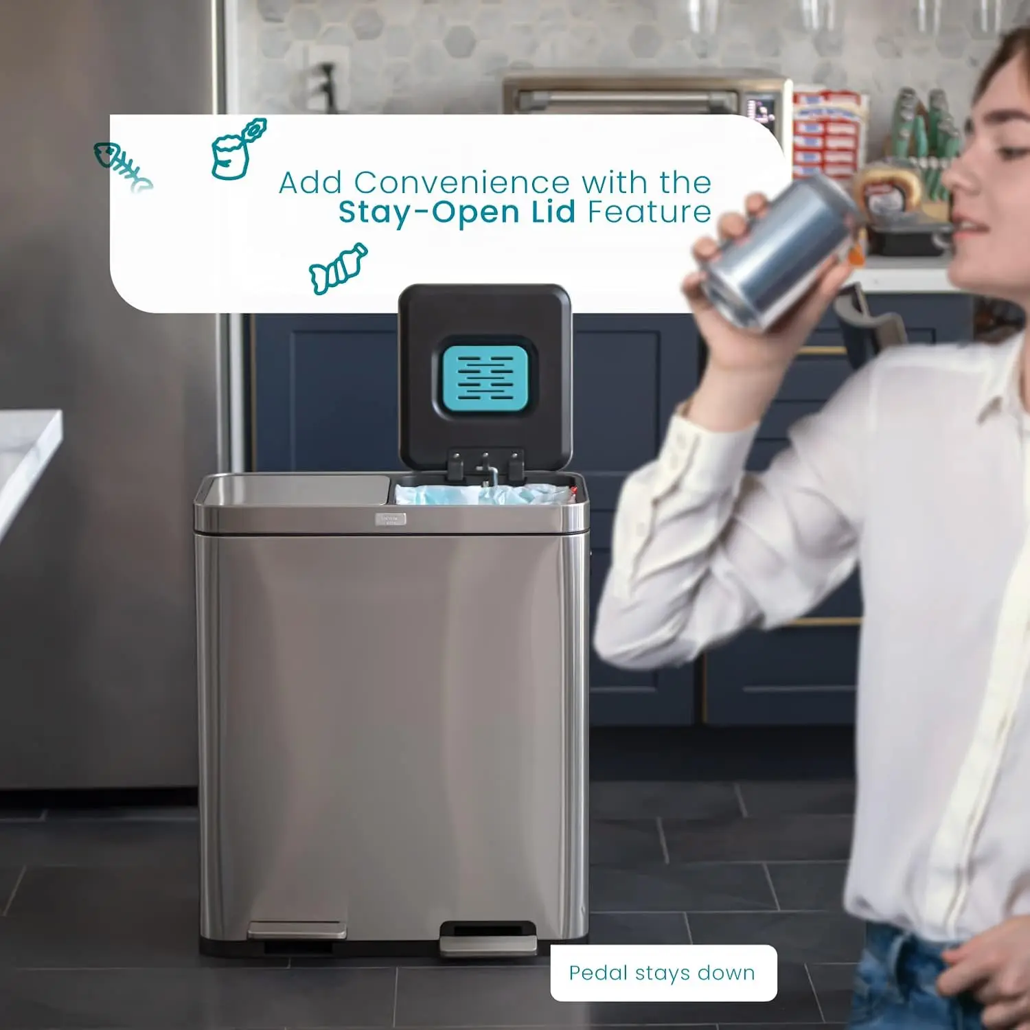 16 Gallon Kitchen Trash Can with Dual Compartments for Recycling, CleanAura Odor Control, Stainless Steel,Silver,60 Liters Total