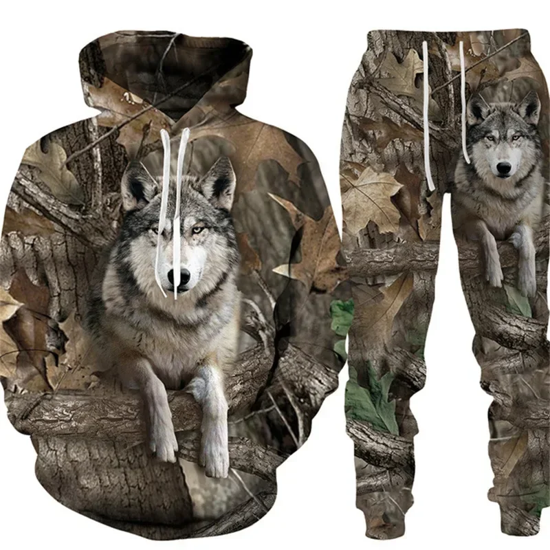 Men's Outdoor Tracksuit Camouflage Hunting Clothes Animal Rabbit Dog Wild Boar Print 3D Hoodie Long Pant 2 Piece Sportwear S-6XL