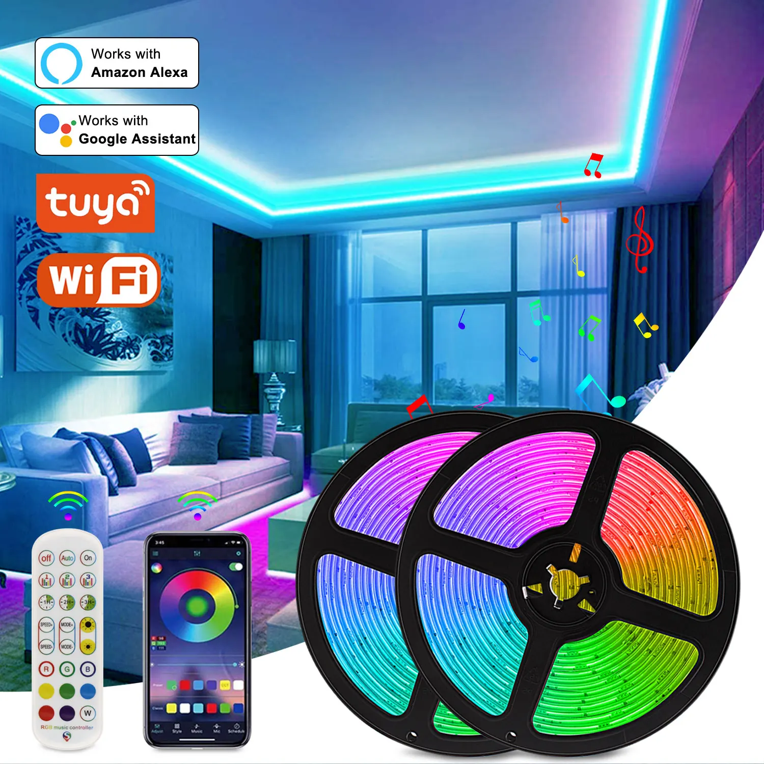 RGB Tape Smart LED Strip Light DC 12V 5050 Flexible Ribbon Work with Alexa  Voice Control Color Change For Bedroom Decor 5m-20m