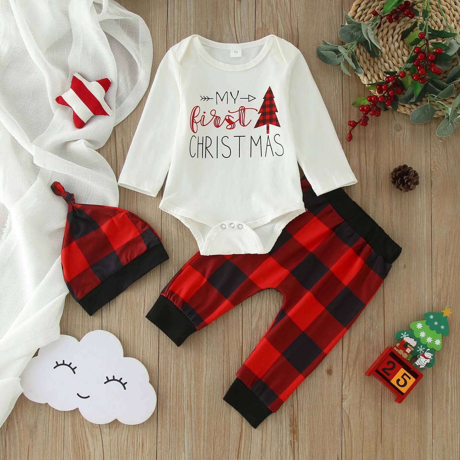 

Infant Newborn Baby Girls Boys Christmas Outfit Sets Long Sleeve Romper+Plaid Print Pants+Hat 3pcs Sets X-mas Baby Clothes 0-12M