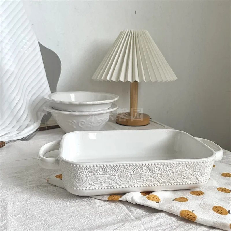 

Wholesale Relief Three-Dimensional Beautiful Ceramic Binaural Baking Pan Household Practical Oven Plate Deep Fish Plate Cheese B