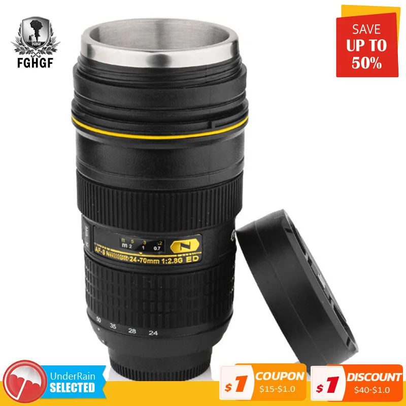 

Creative 300-400ML Travel Mug Cups Emulation Camera Lens Mugs Stainless Steel Coffee Tea Water Bottle Cup Insulated Tumbler Lid