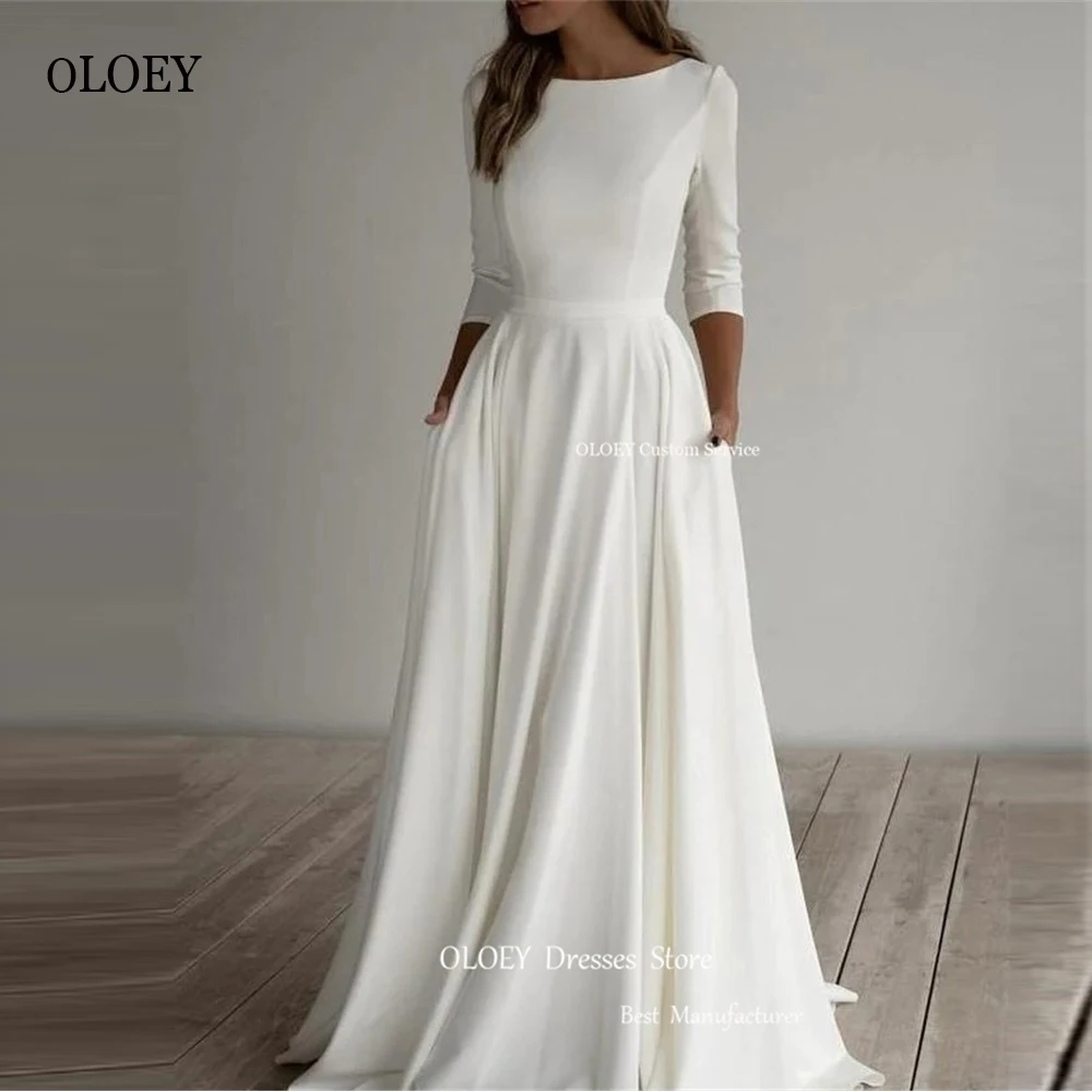 OLOEY Simple A Line Stretch Satin Wedding Dresses Scoop Neck 3/4 Long Sleeves Country Bridal Gowns Robe de mariage Plus Size