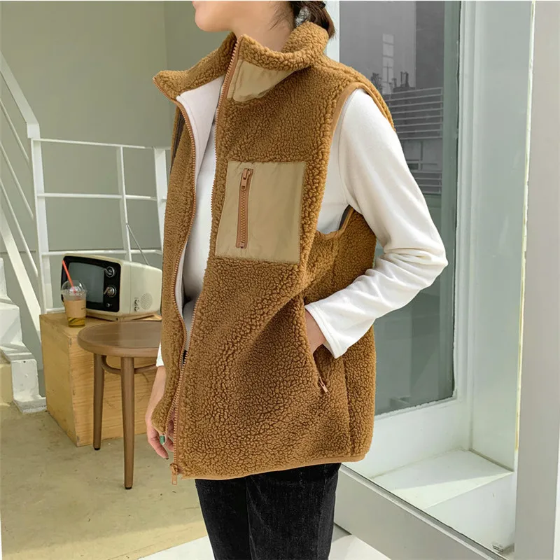 Berber Fleece Faux Fur Girls Vest Stand Collar Sleeveless Contast Color with Side Pockets Fashion Coat Vest
