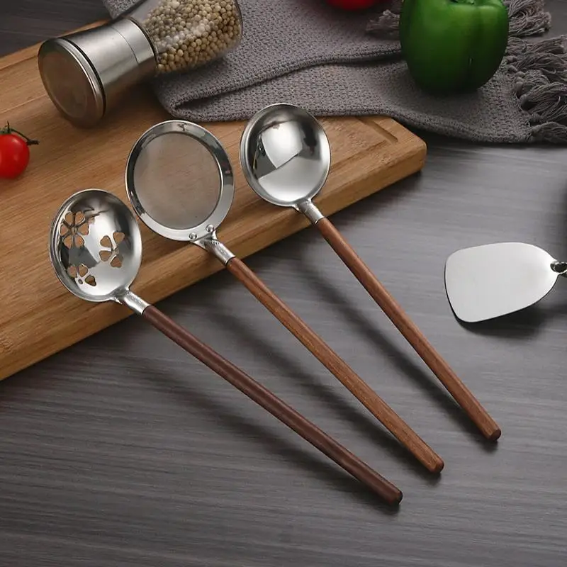 Walnut Handle Kitchen Tool 304 Stainless Steel Spatula Spoon Oil Filter Colander Kit Gadgets Anti-Scalding Cookware For Service