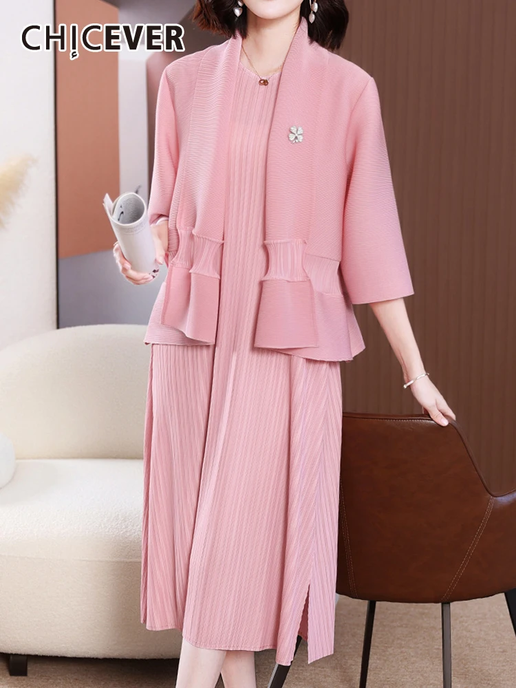 

CHICEVER Temperament Two Piece Sets For Women Lapel Long Sleeve Coat Round Neck High Waist Side Split Dress Loose Set Female New