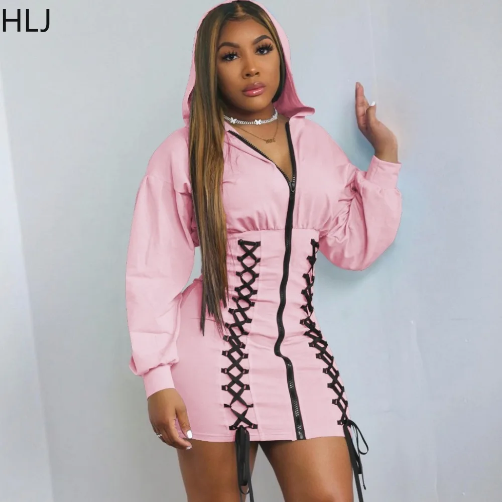 

HLJ Fashion Y2K Bandage Zipper Hooded Mini Dresses Women Long Sleeve Bodycon Streetwear Casual Female Solid Color Vestidos 2024