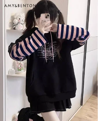 Harajuku Gothic Striped Patchwork Hoodies Women Sweet Cute Printed Zipper Off Shoulder Loose Sweatshirt Preppy-Style Y2K Hoodie qweek gothic wide leg jeans women y2k streetwear hip hop low waist star printed loose zipper pocket patchwork harajuku pants