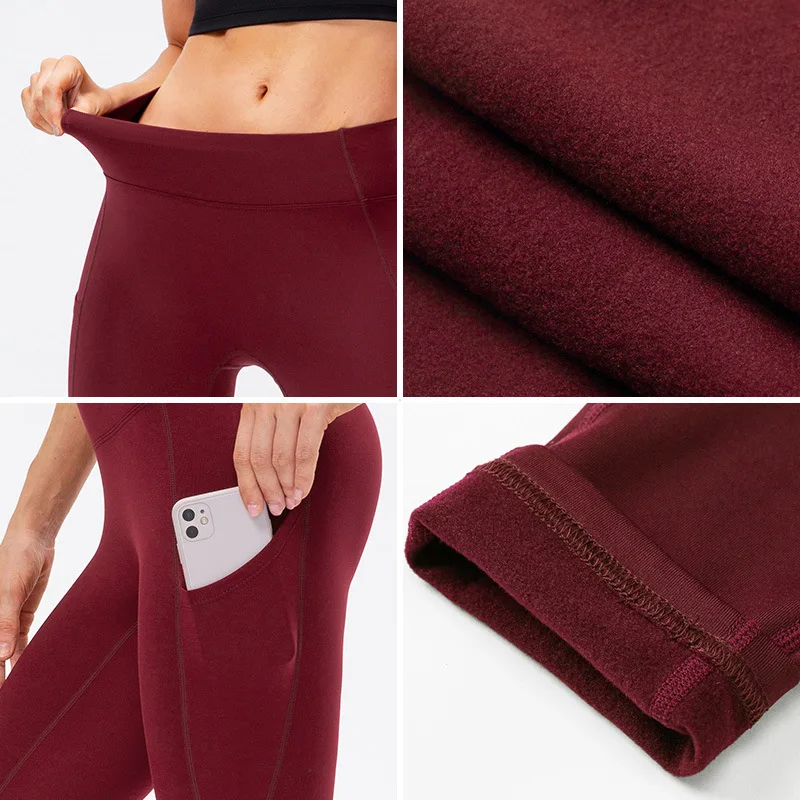 Women Fleece Leggings High Waist Running Pants Pocket Stretch Gym Fitness Bottoms Quick Dry Yoga Tights Customize