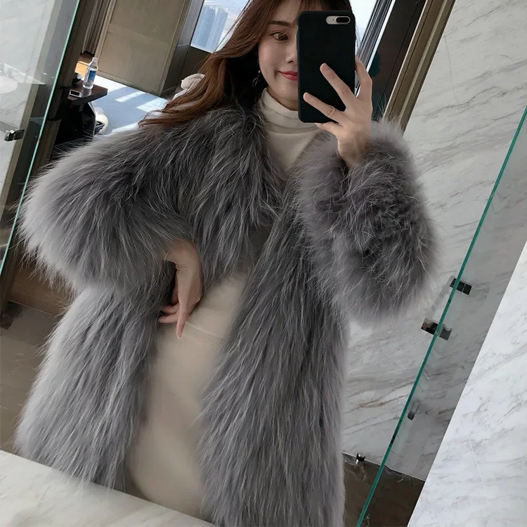 Raccoon Fur Woven Coat for Women Medium Length Fur Coat for Women‘s Clothing Autumn Winter 2023 Long Sleeve Jackets Thick Warm