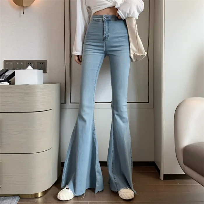Plus Size Slit Denim Jeans Flare Pants Women Trousers Korean Style Casual Office Lady Female High Waist Long Bell Bottom Pants