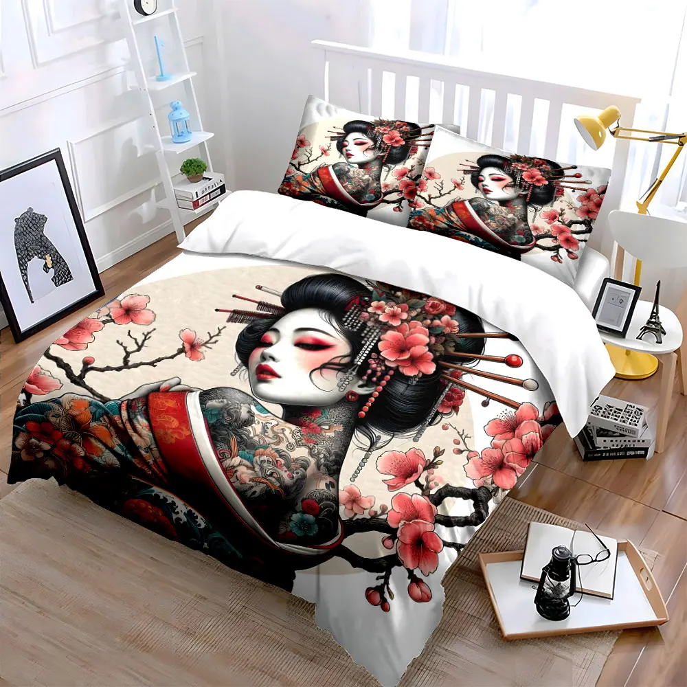 Geisha with tattoo and cherry blossoms Printed Duvet Cover Set1 Duvet Cover+2 Pillowcase Multi Size Bedroom Bedding Decor 2