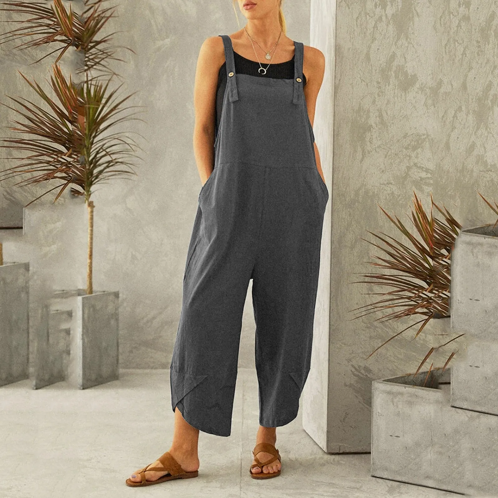 

Casual Jumpsuit Women Spaghetti Strap Sleeveless Baggy Playsuit Loose Wide Leg Rompers With Pockets Overalls комбинезон женский