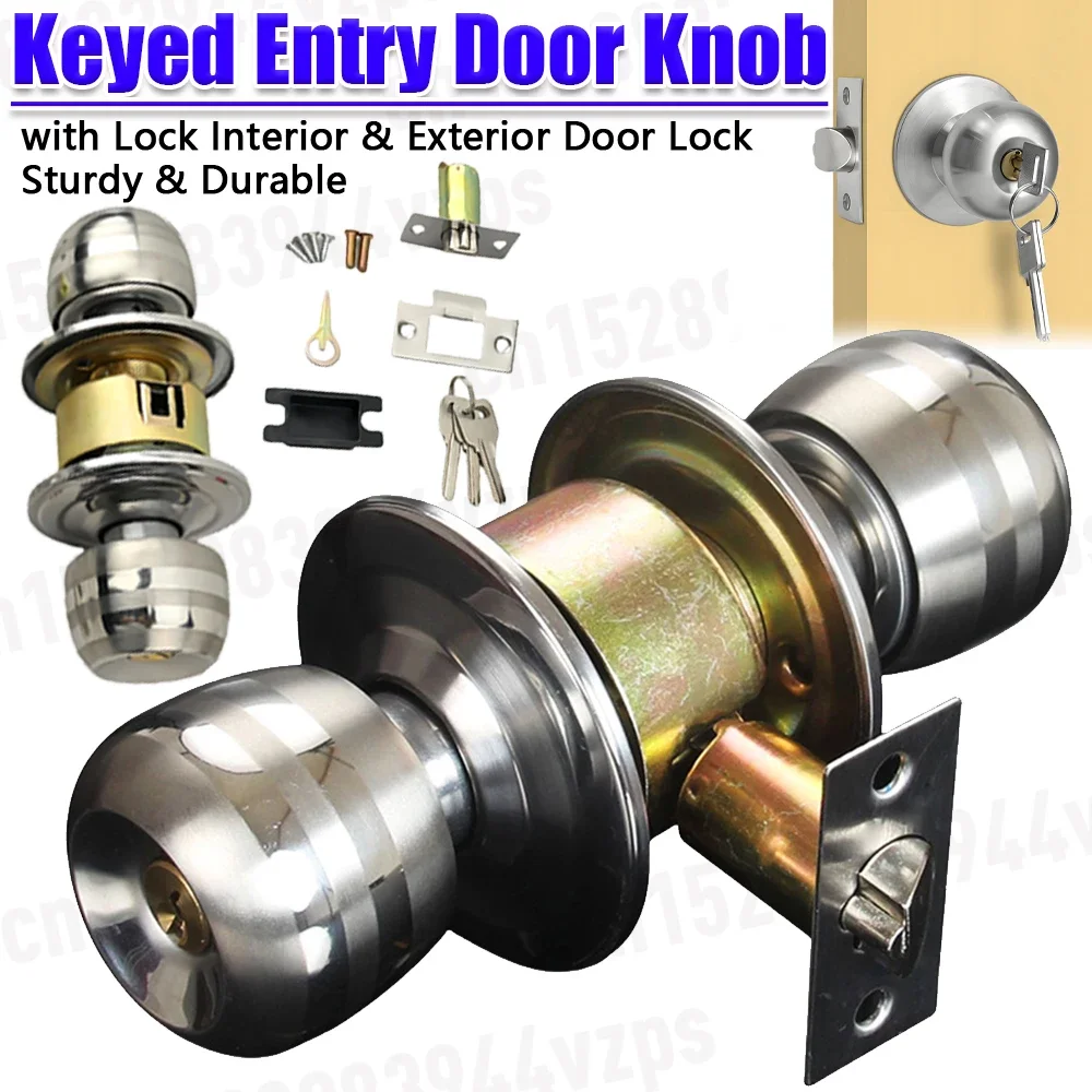 Keyed Entry Door Knob Lock Set Interior Exterior Round Door Knobs Stainless Steel Handle Lock For Bedroom Bathroom With Key