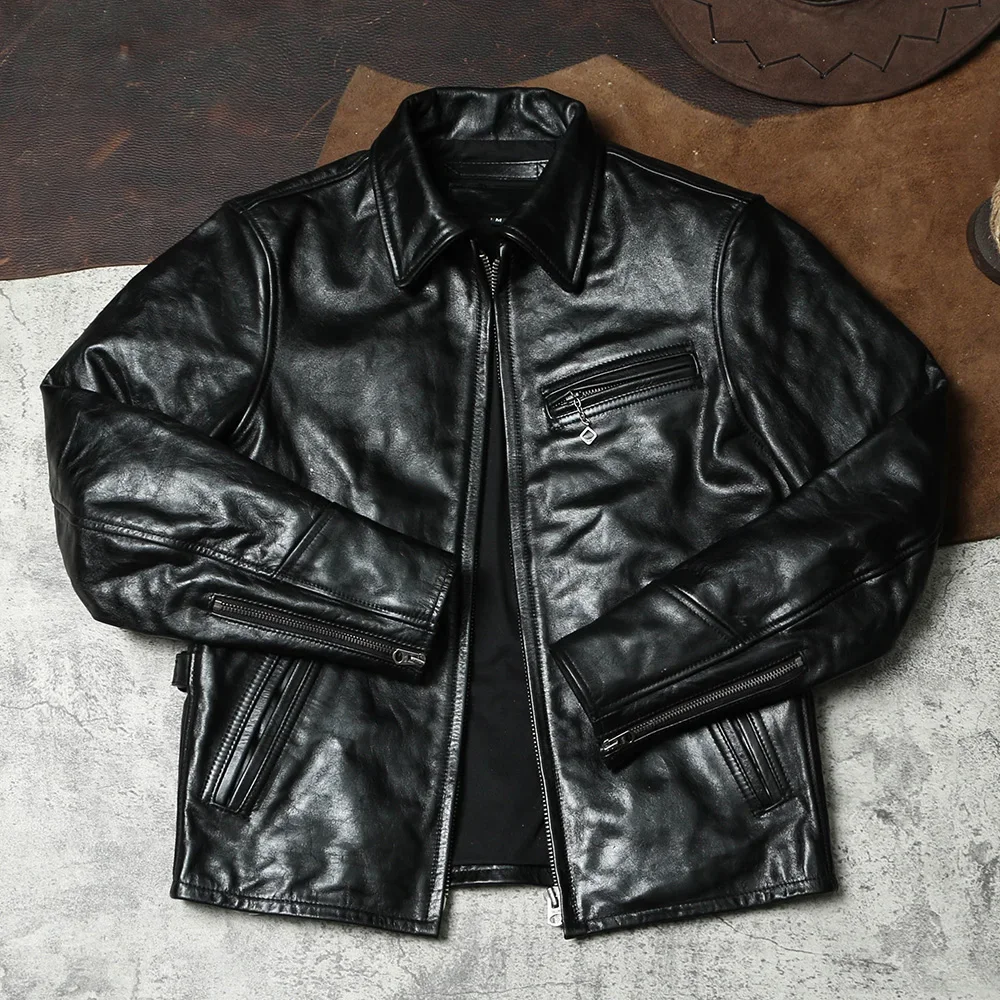 

Tian Shen Retro Motorcycle Leather Jacket 1930 Men's Lapel Slim Fit Leather Jacket Wax Dyed Plant Tanned Horse Leather Jacket