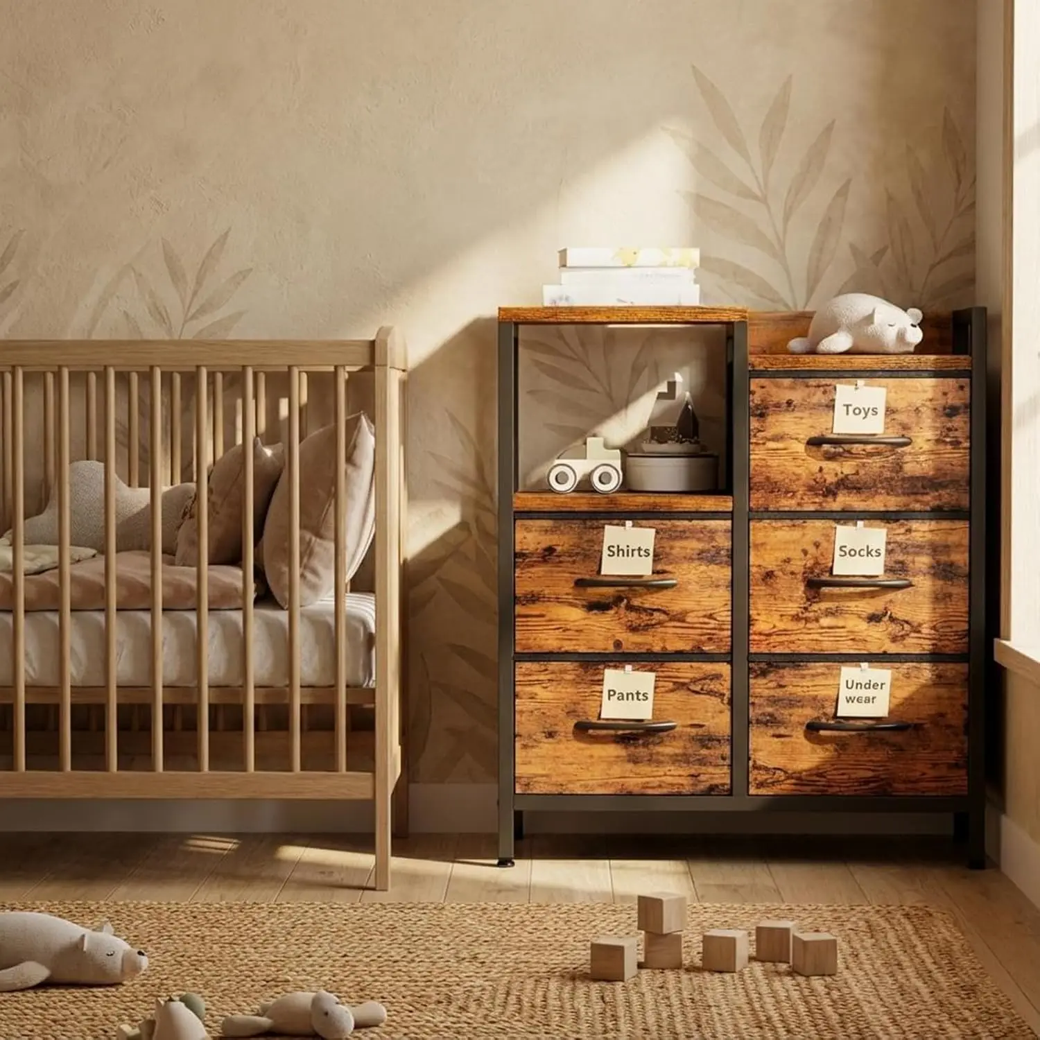 5-Schubladen-Kommode Stoff-Aufbewahrungsturm Organizer Schubladenschrank mit Offenem Ablagefach für Schlafzimmer Wohnzimmer Flur – Detail 13