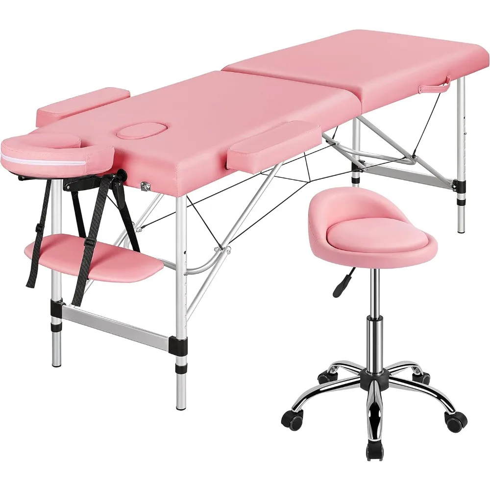 Yaheetech Portable 2 Sections Massage Table Spa Beds with Rolling Stool Massage Bed & Adjustable Swivel Salon Chair Aluminum