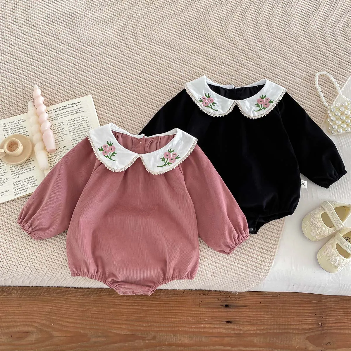 Autumn and Spring Arrival Baby Girls Lace Hollow-out Pattern Long Sleeves Color Patchwork Bodysuit