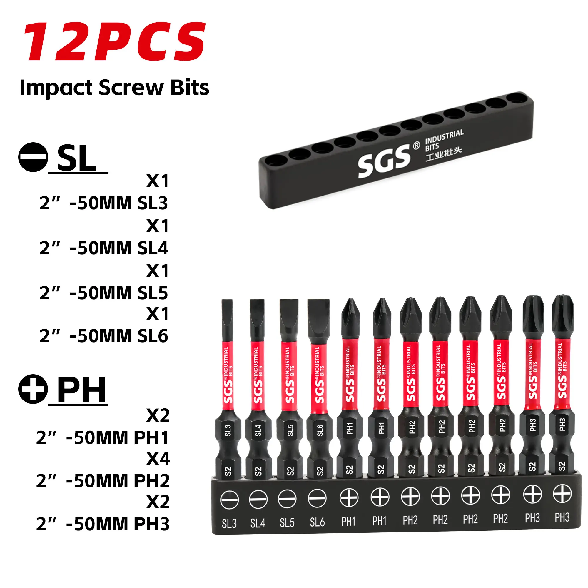 12-teiliges Set mit stark magnetischen Schlagschrauberbits, einschließlich SL3/SL4/SL5/SL6 Flachkopf, 2x PH1, 4x PH2, 2x PH3 Phillips, mit Bits in verschiedenen Spezifikationen und stark magnetischem Design für einfaches Aufnehmen von Schrauben, mit Aufbewahrungsbasis, schlagfest und verschleißbeständig, geeignet für Schlagschrauber, ideal für Schraubenentfernung und -montage in verschiedenen Szenarien, wie z. B. Heimreparaturen und industrielle Montage, ist ein praktisches Hardware-Werkzeug. – Detail 1