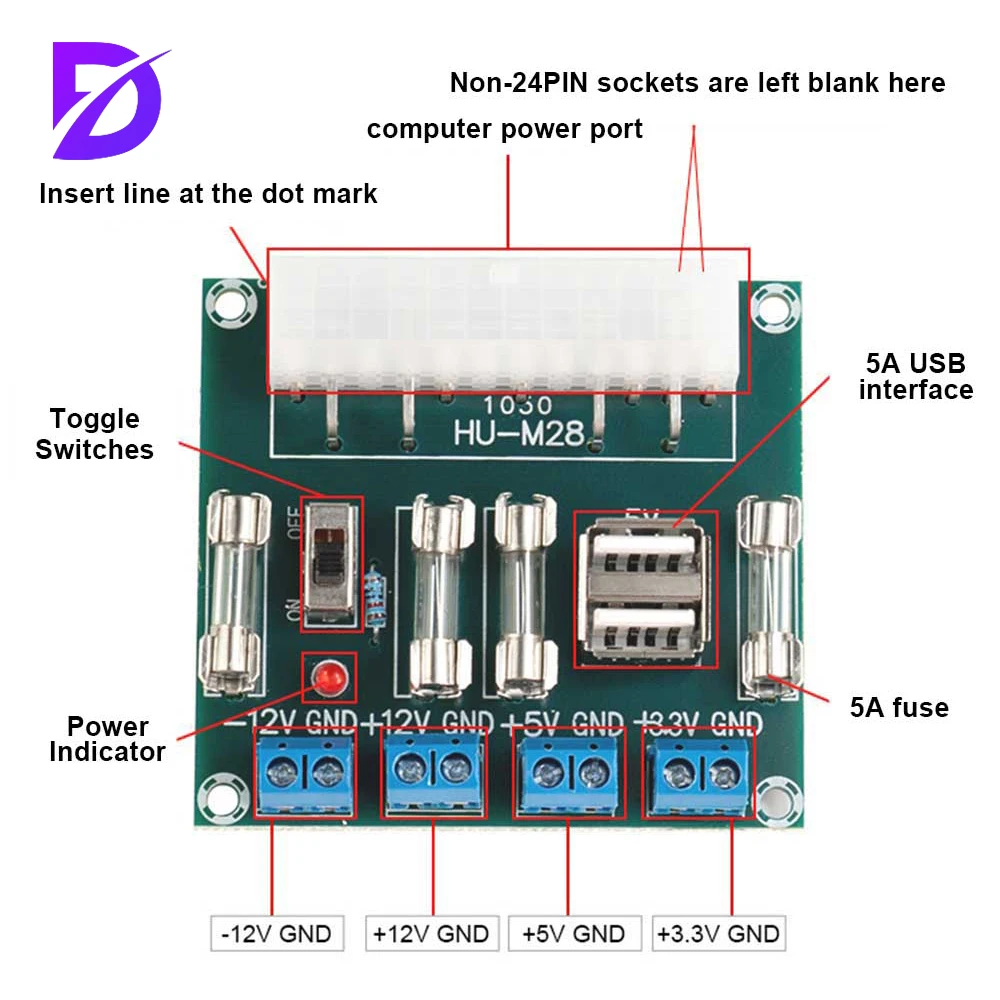 Hum28w 24pin Desktop Computer Power Adapter Board Atx Power Board Lead