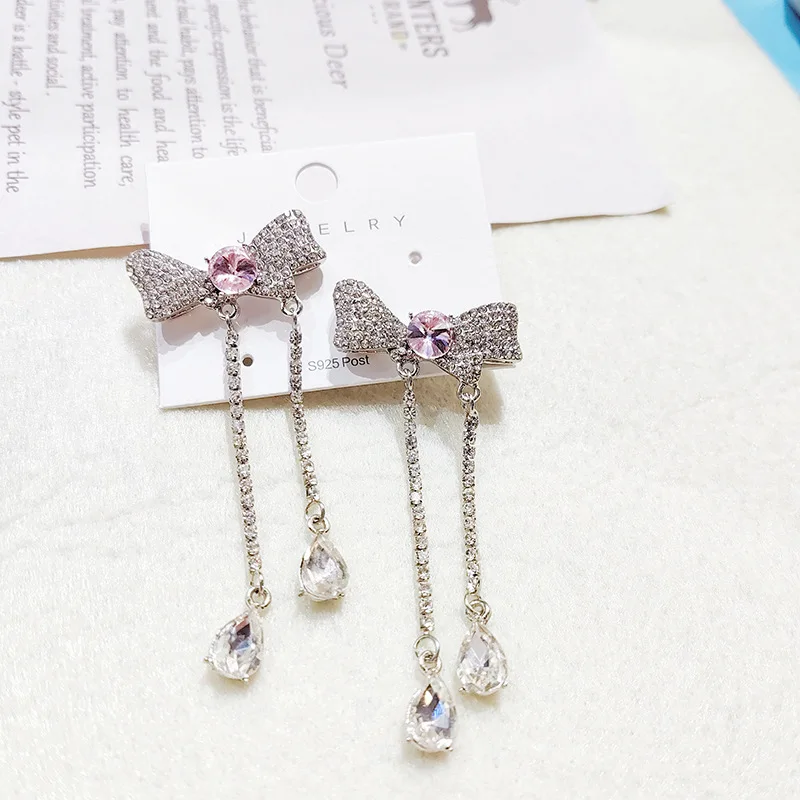 

New Style Full Rhinestone Bow Tassel Earrings 925 Silver Needle Advanced Sense Studs Long Face Thin Girl Earrings