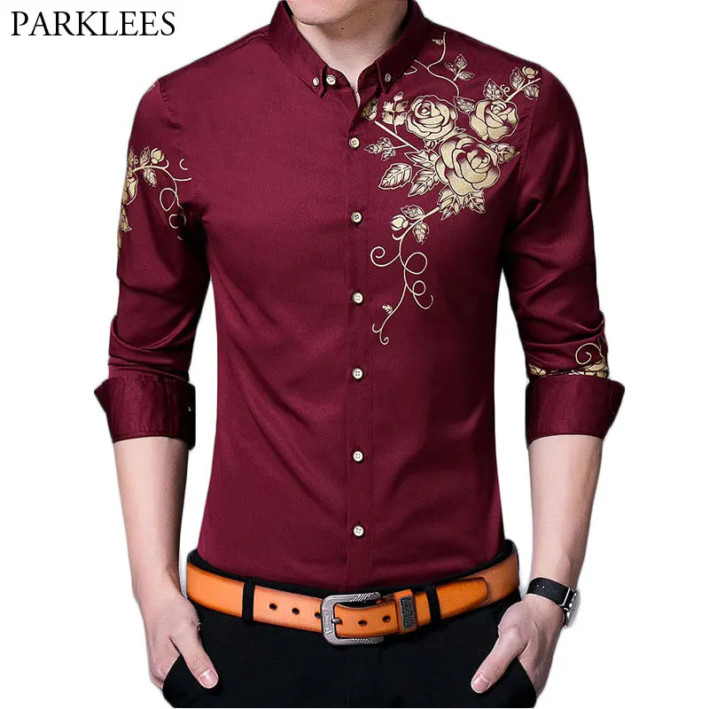 Brand Wine Red Mens Dress Shirts 2022 Fashion Golden Rose Flower Print Button Down Shirt Men Slim Fit Long Sleeve Chemise Homme l homme a la rose