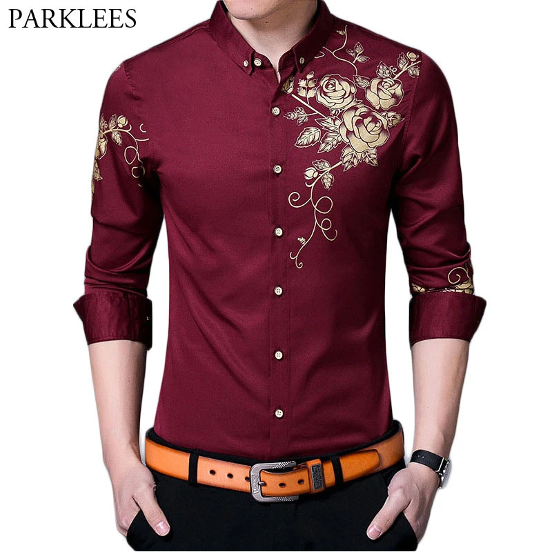 Camisas de vestir para hombre, Camisa ajustada de manga larga con estampado de y rosas doradas, color vino, 2022|chemise homme|chemise homme brandchemise homme fashion - AliExpress