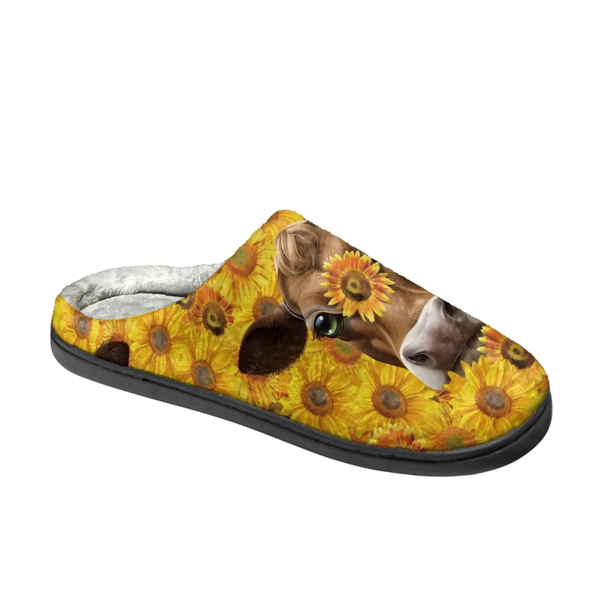Cute Cartoon Sunflower Cow Pattern Autumn Winter Home Non-slip Cotton Slipper Outdoor Dirt Resistant Woman Men Plush Slippers