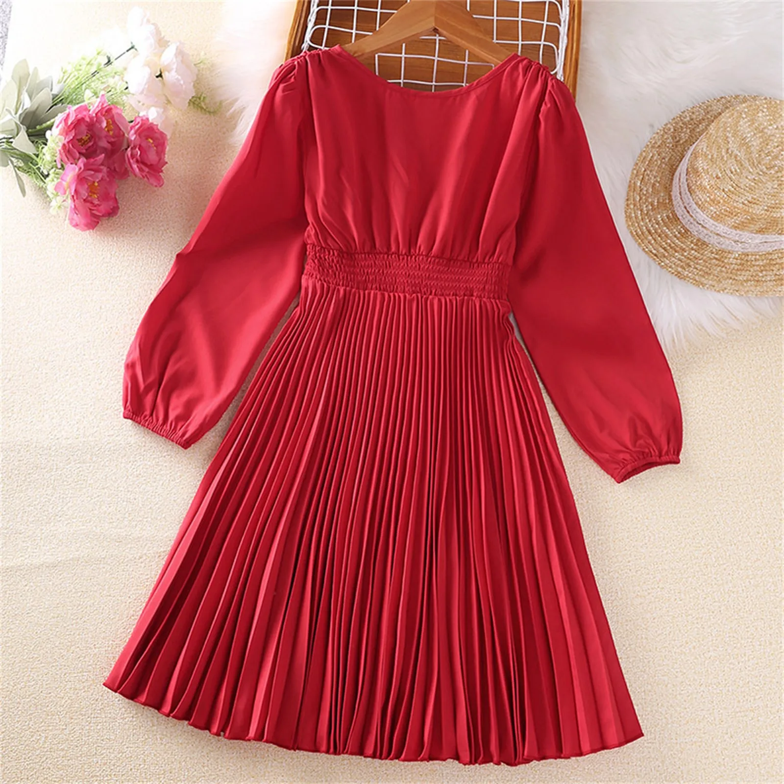 Kids Casual Dress for Girls Autumn Clothes 2023 New In Fashion Children V-neck Long Sleeve Red Princess Pleat Dress 7 to 14Years