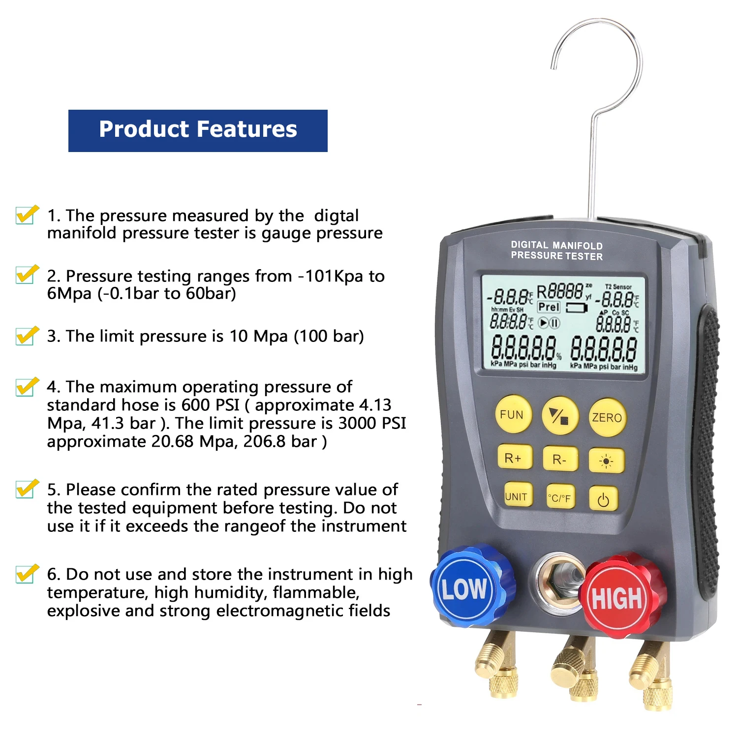 DY517 Digital Refrigeration Pressure Gauge Air Conditioning Temperature Detector