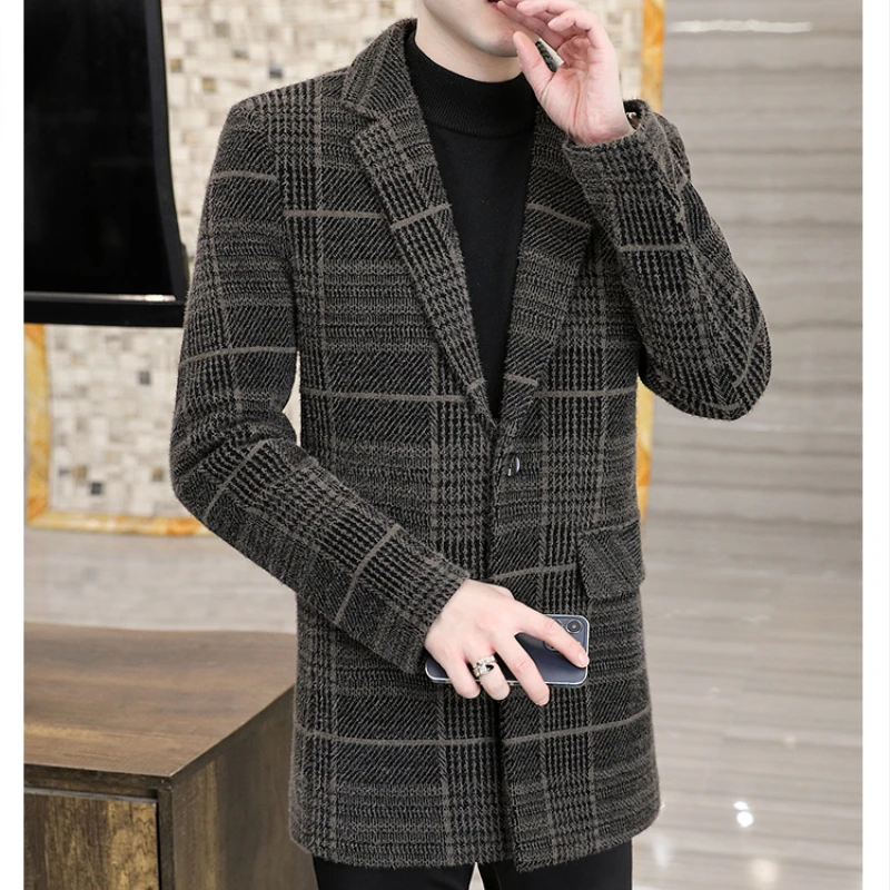 

Mid Length Plaid Woolen Overcoat /Brand Men's Autumn Winter Thickening Mink Velvet Slim Fit Business Casual Office Trench Coat