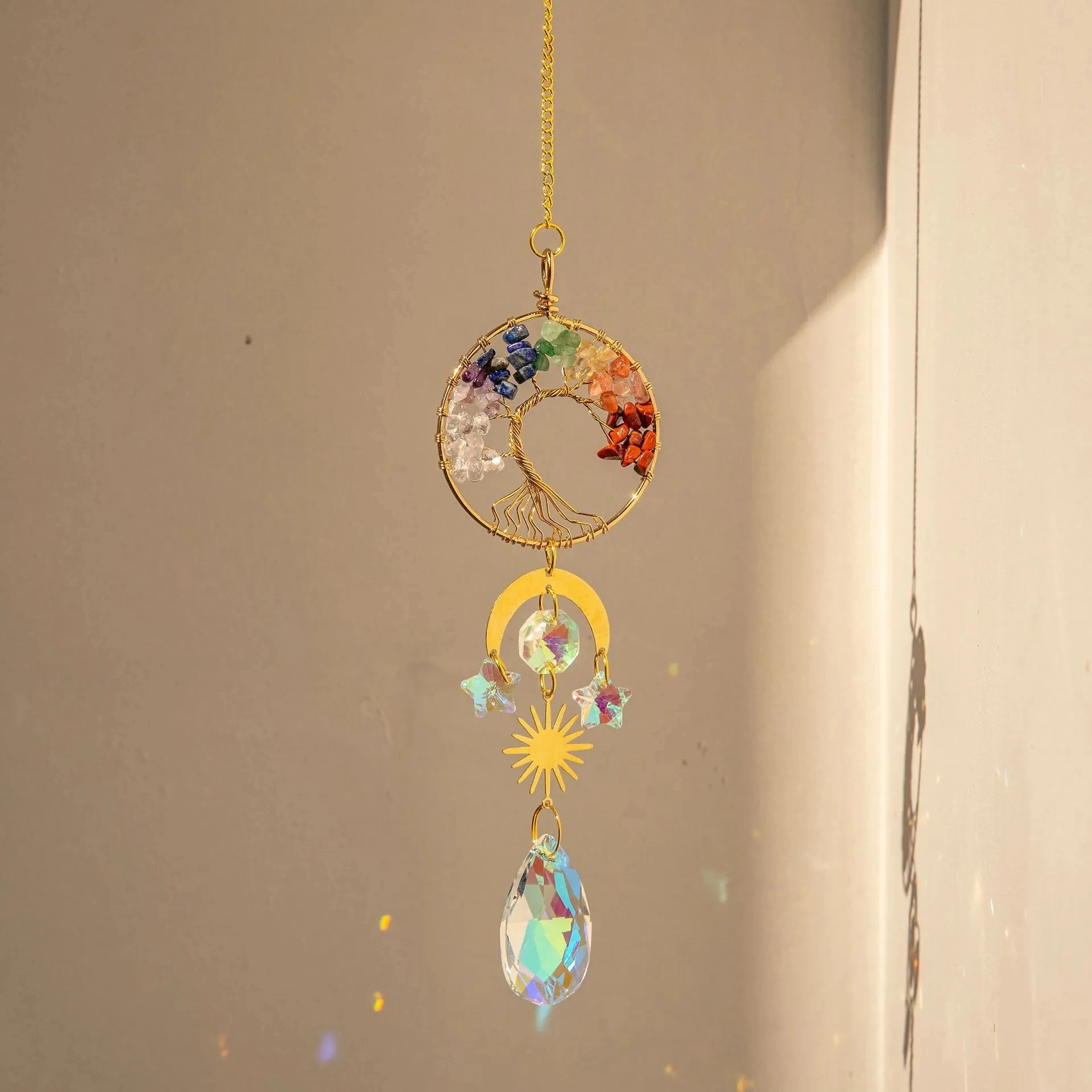 Suncatcher Crystal Life Tree Hanging Decor Stained Glass Moon Chakra Rainbow Maker Light Catcher For Garden Outdoor Decoration
