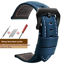Genuine Leather Retro Matte Handmade Watch Strap - 24mm (B blue - black)