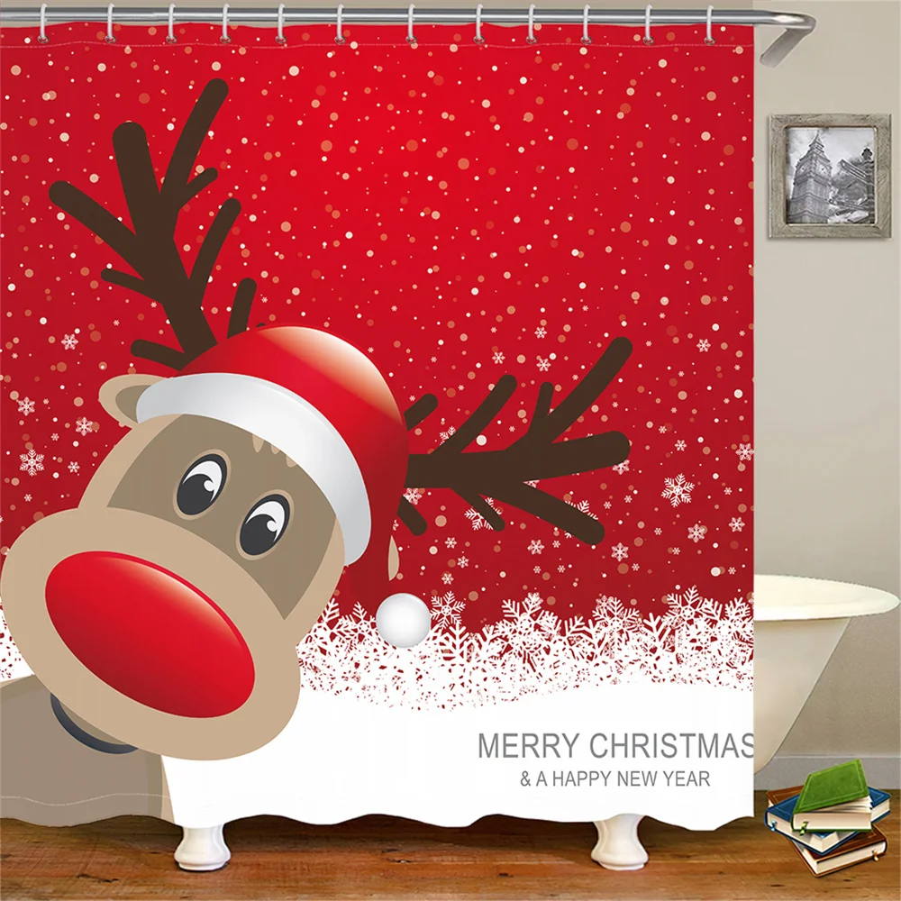 

Merry Christmas Elk Shower Curtain Trees Santa Claus Red Polyester Shower Curtain for Bathroom Bath Waterproof Fabric with Hook
