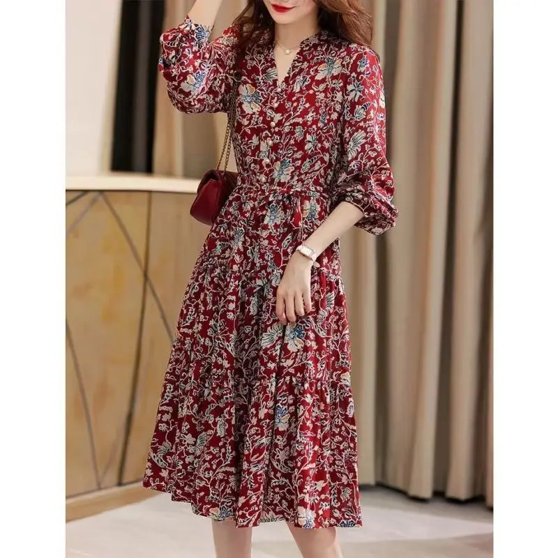 

2023 Spring and Autumn Fashion French Style Celebrity V-neck Printed Waist Wrapped Long Sleeve Fragmented Flower A-line Dress