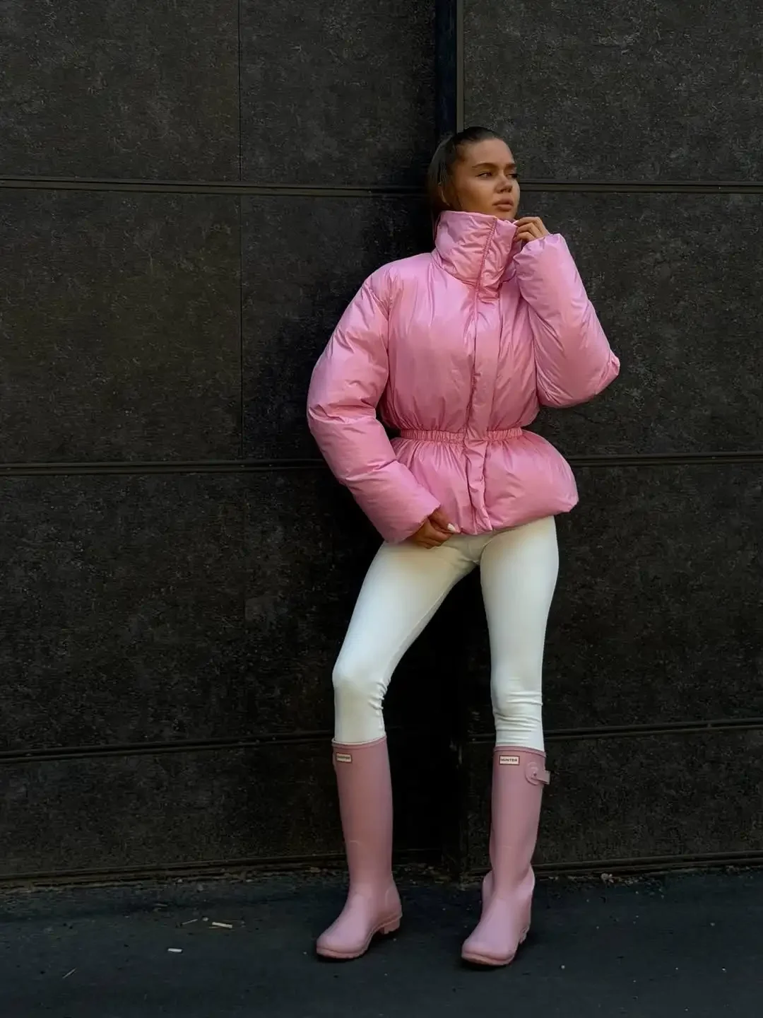 Women Solid Puffer Jacket High Stand Collar Elastic Cinched Waist Peplum Hem Zip Thick Padded Coat Warm Winter Daily Outerwear