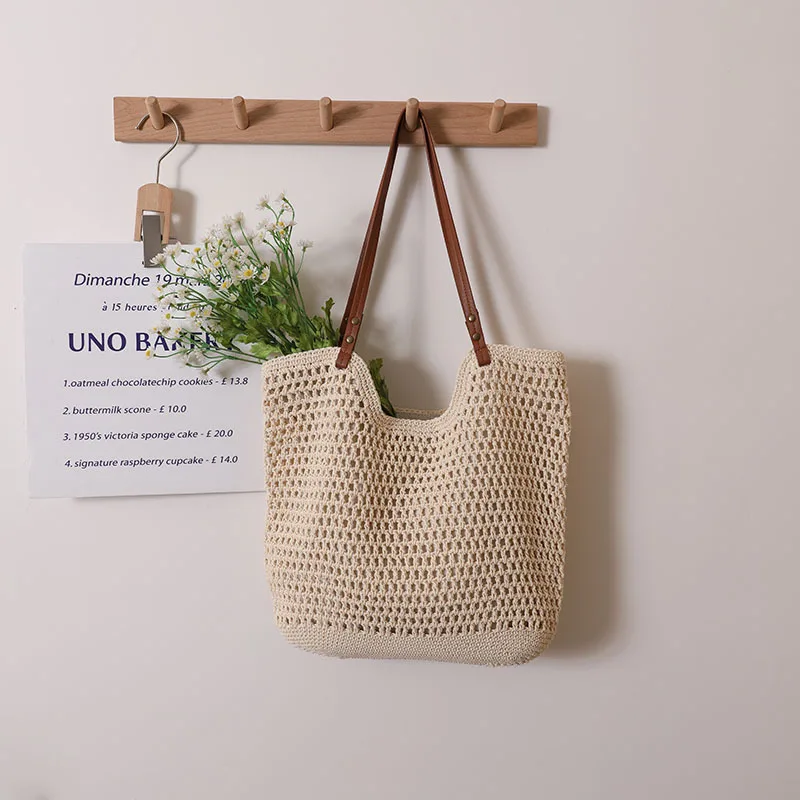 Woman Knitted Handbag Summer Hollow Beach Bag Large Capacity Fashion Knitted Bag Travel Holiday One-shoulder Hollow Shopping Bag 6
