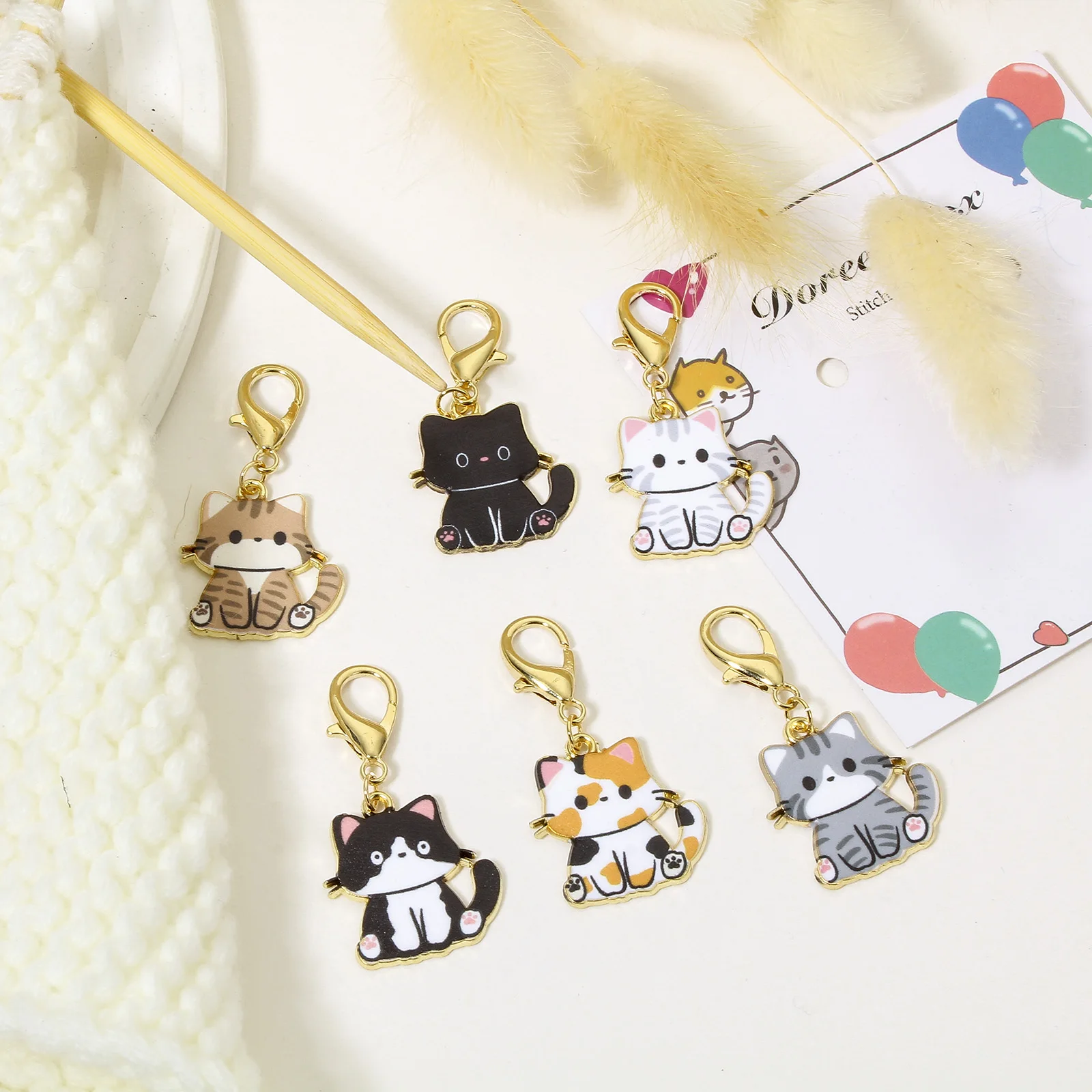 Set of 6 Gold Enamel Cat Stitch Markers in Zinc & Iron Alloy