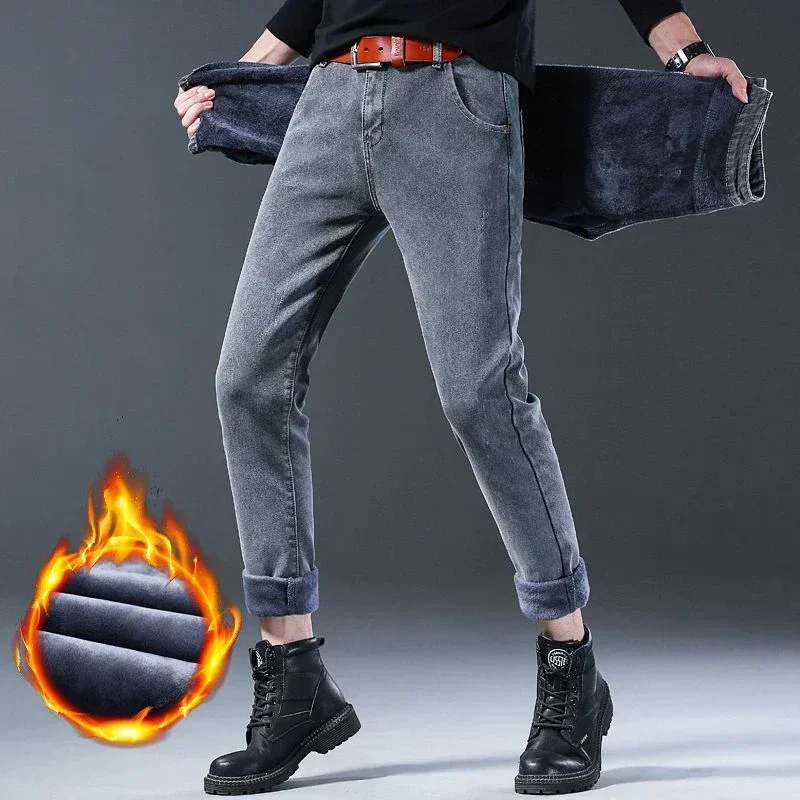 2024 Men Comfortable Winter Thermal Jeans Basic Snow Warm Plush Outside Denim Trousers Fashion Designer Skinny Casual Pants Male 3